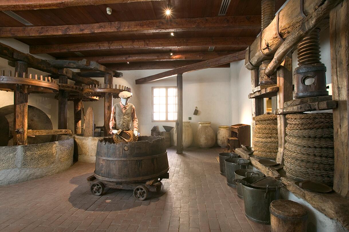 Sala con frantoio a trazione idraulica del Museo Carli.